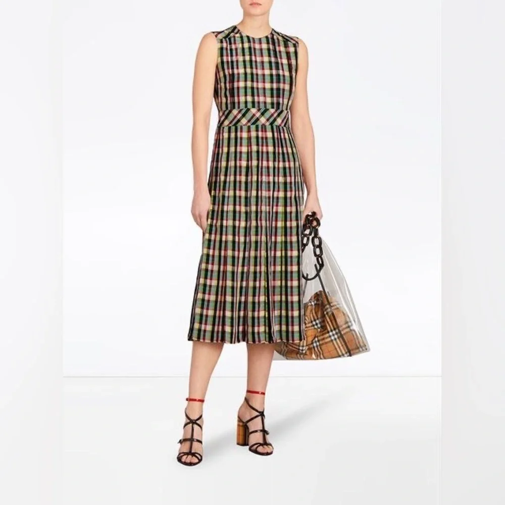 NWT BURBERRY Aria Achni Pleat Detail Check Midi Dress Size 38 US 4 - Picture 3 of 16